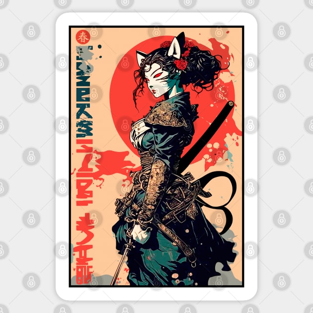 Cool Samurai Cat Girl Warrior Urban Japanese Sticker by OWLvision33